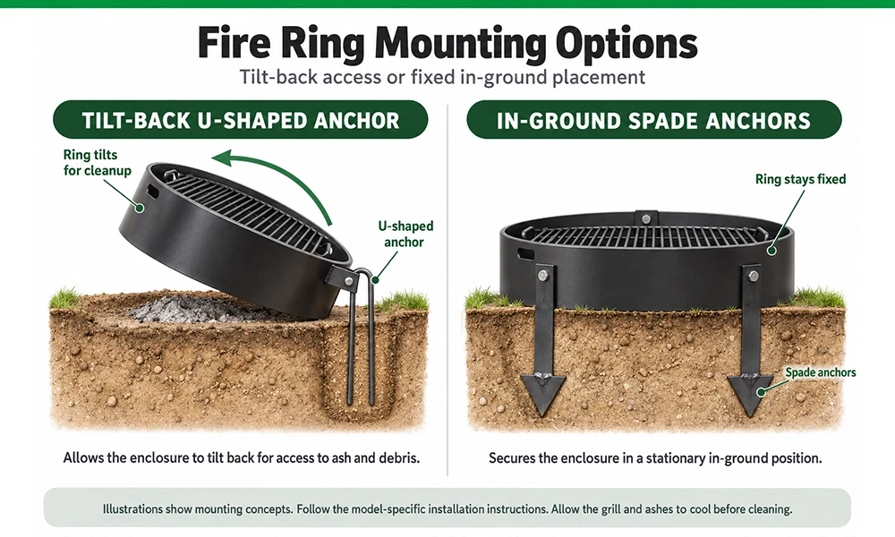 Fire ring mounting comparison showing U-shaped tilt-back anchors and in-ground spade anchors extending below the soil.